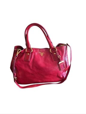 Prada Pink-Red Leather Shoulder Satchel with Gold Hardware